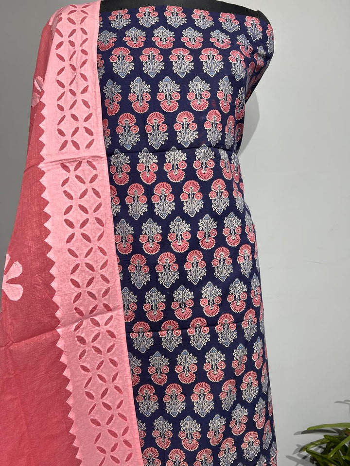 Pure Cotton Azrakh Print Unstitched suit With Applique work Dupatta.