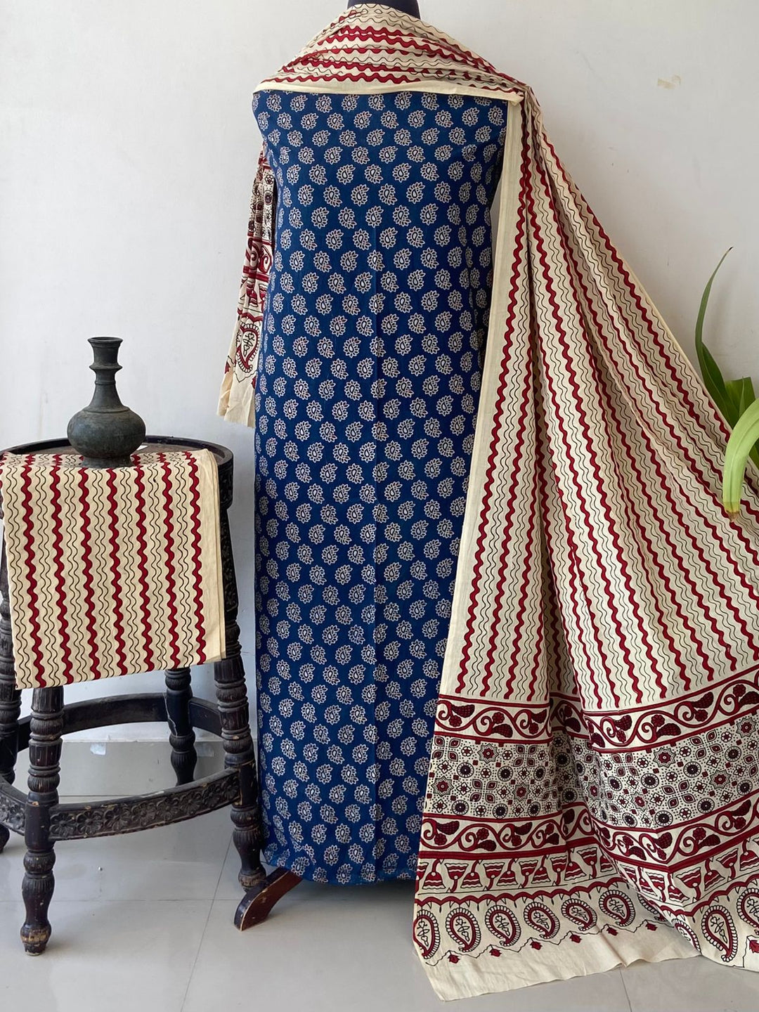 Pure Cotton Azrakh Print Unstitched Suit With  cotton Duppatta