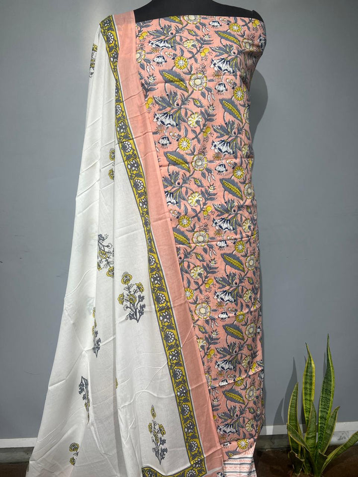Pure Cotton Hand Block Print Unstitched Suit With Cotton Dupatta