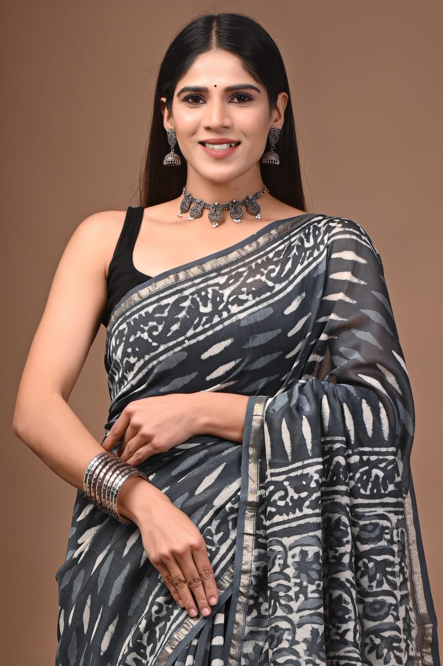 Hand Block Print Pure Chanderi Saree With Blouse .