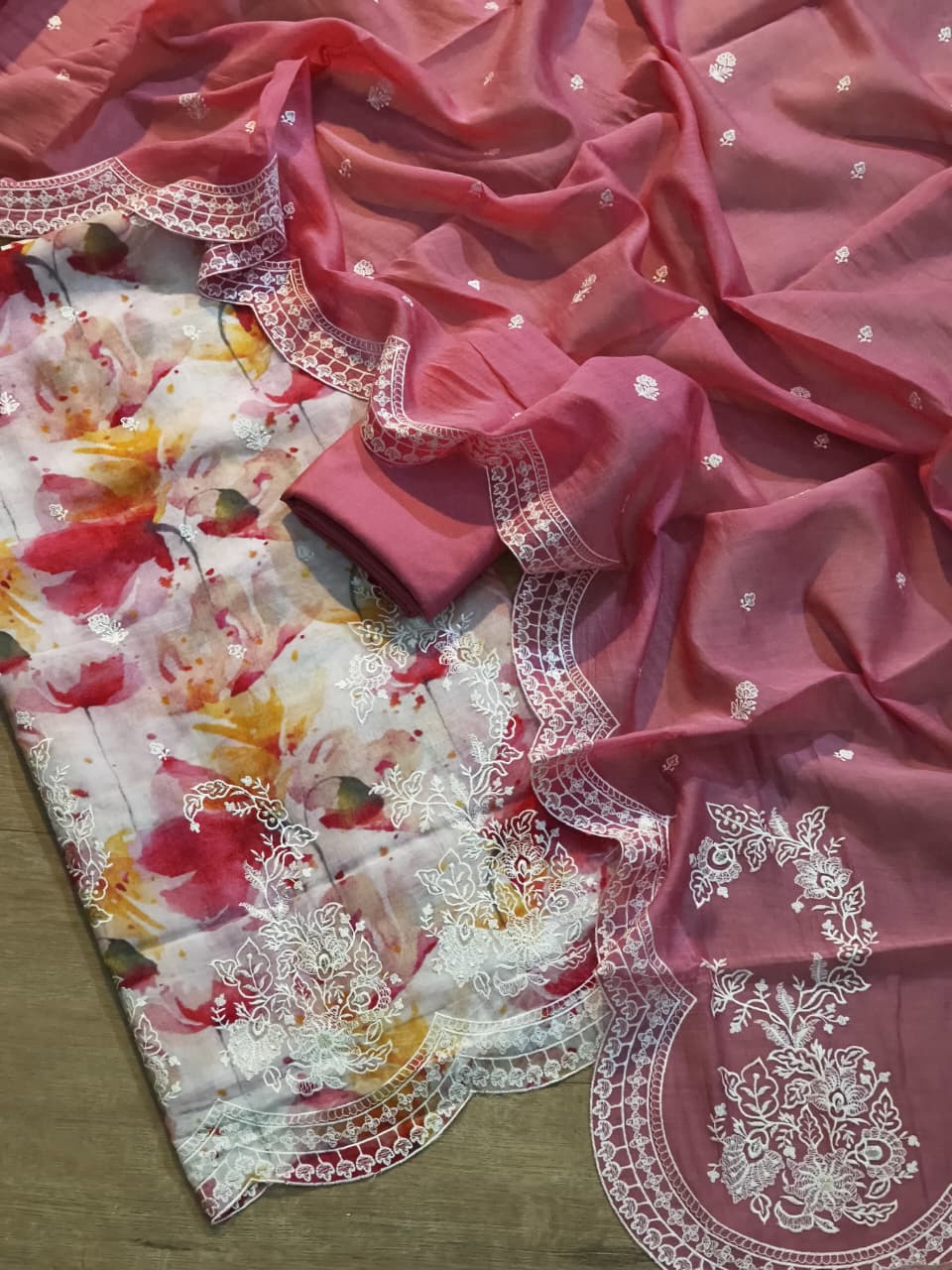 Pure Mulmul Silk Embroidery Print Unstitched Suit  with Mulmul Silk Dupatta