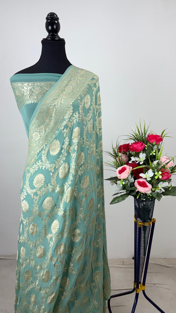 Pure Banarasi Handloom Khaddi Georgette Silk Water Zari Work Saree. | NEW EDITION