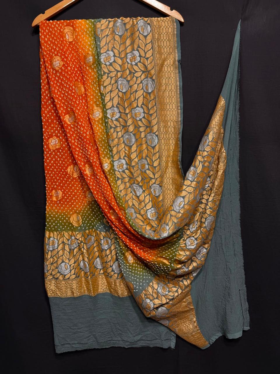 Pure Khaddi Georgette Real Neem Zari Handloom Woven Rayi Bandhej Dupatta