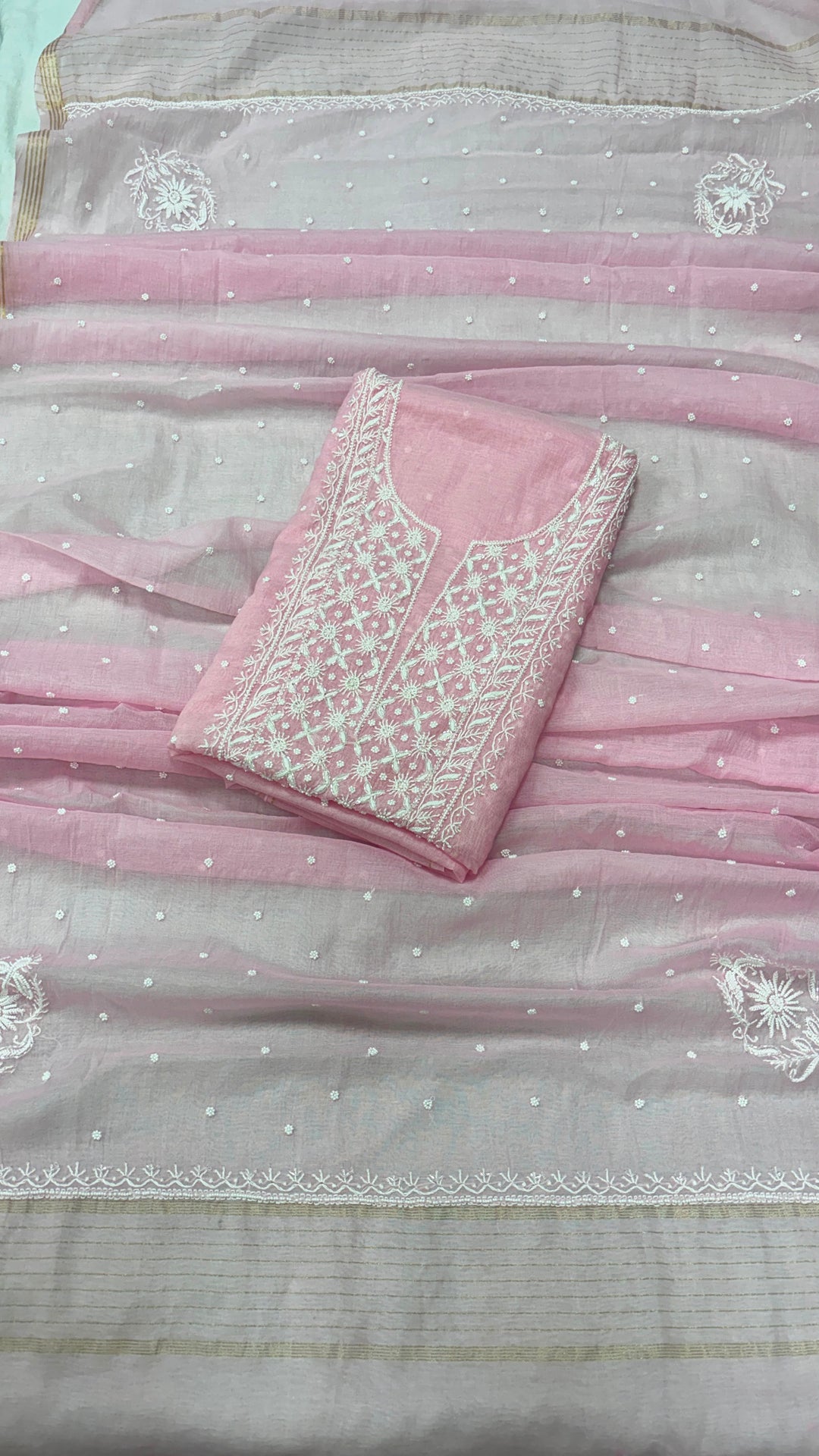 Pure Mul- Mul Chakiankari Work Unstitched Suit with Pearl and Cutdana work