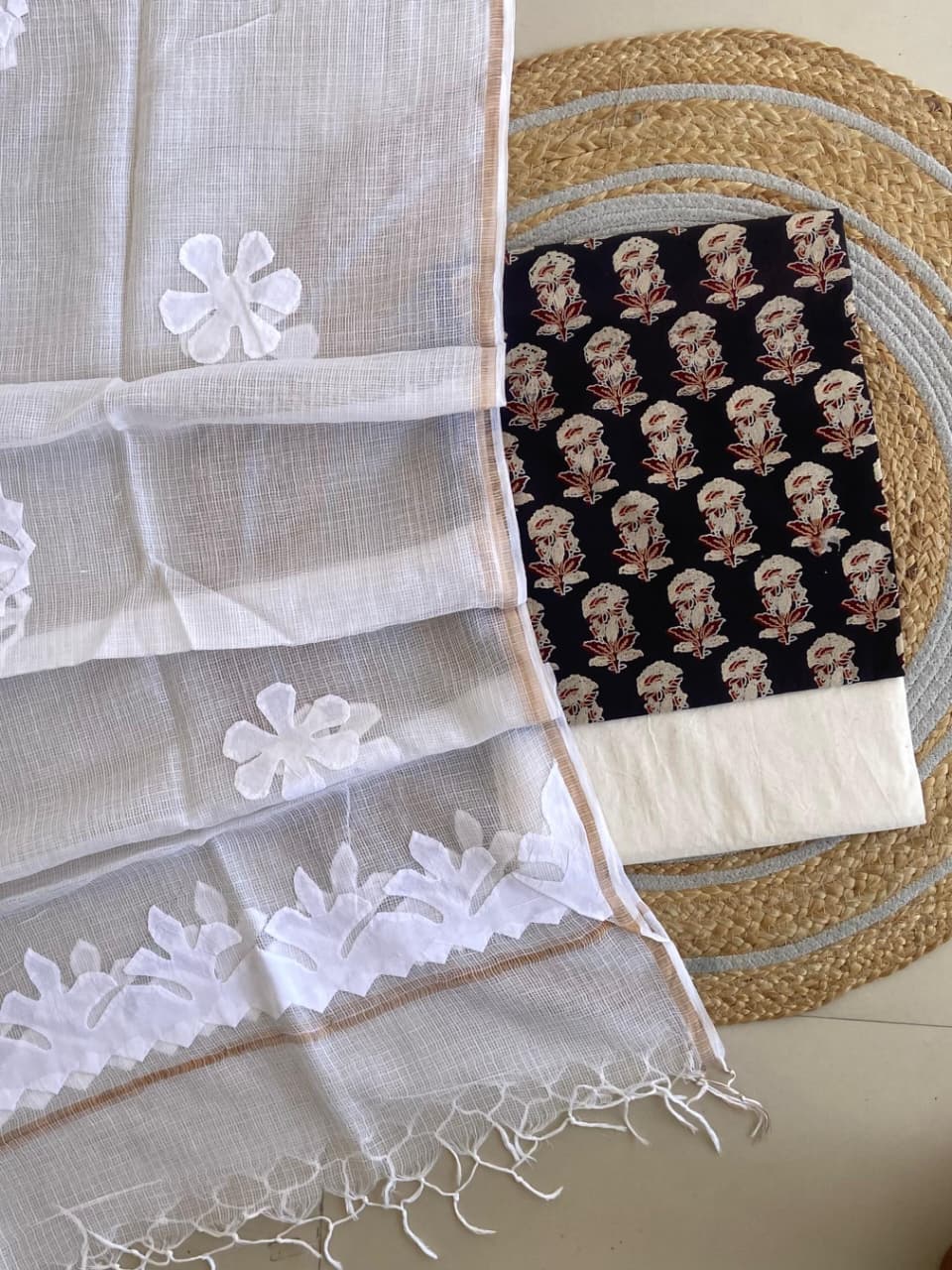 Azrakh Printed Top With Kota Doriya With Hand  Applique Work Dupatta