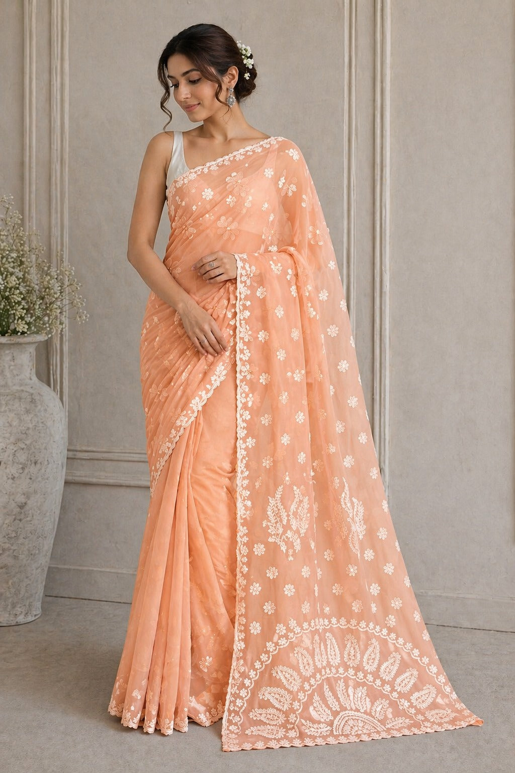 Pure Chiffon Chikankari Half Jaal Work Hand Embroidery Saree with Blouse