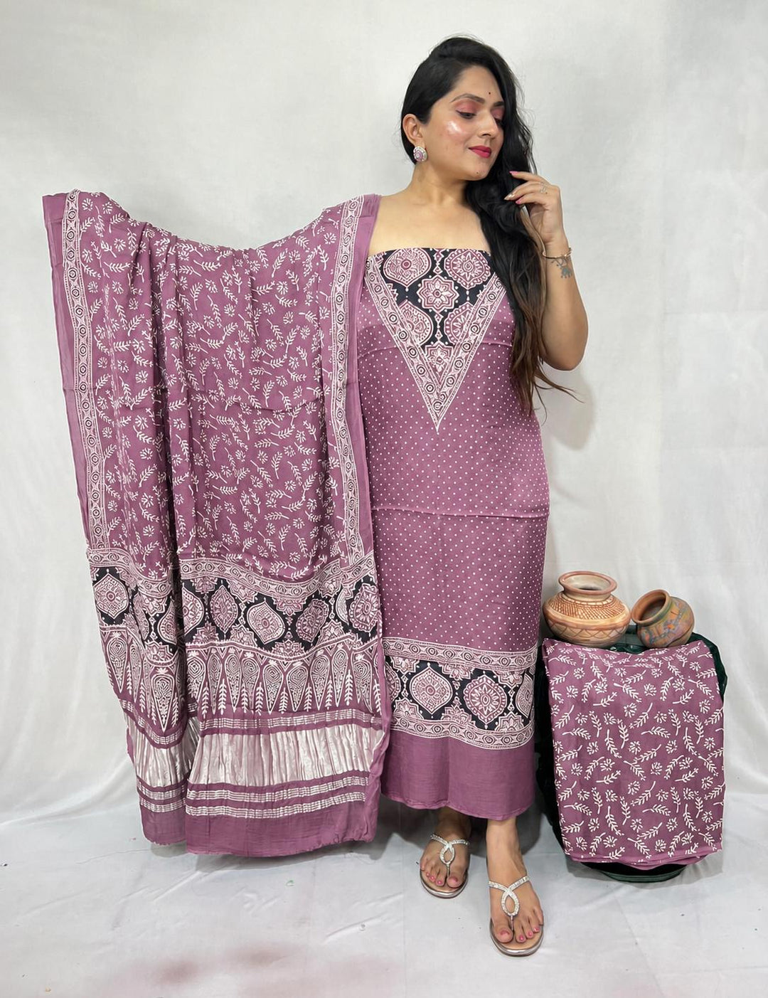 Pure Modal Silk Ajrakh Hand Block Zari Pallu Weaved 3pc Unstitched Suit