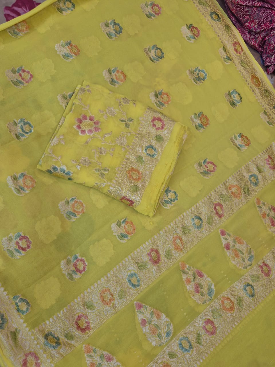 Pure Khaddi Chiffon Unstitched Suit With Water Zari Work.