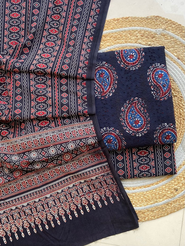 Pure Cotton Azrakh Print Unstitched Suit With  mul cotton  Duppatta