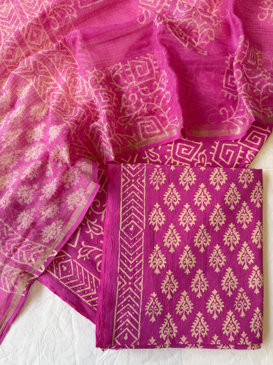 Pure Cotton Hand block print Unstitched Suit with Kota Dupatta