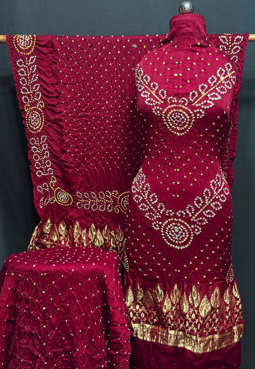 Premium Pure Modal Silk Rayi Bandhej 3-Piece Suit with Heavy Tissue Pallu Dupatta