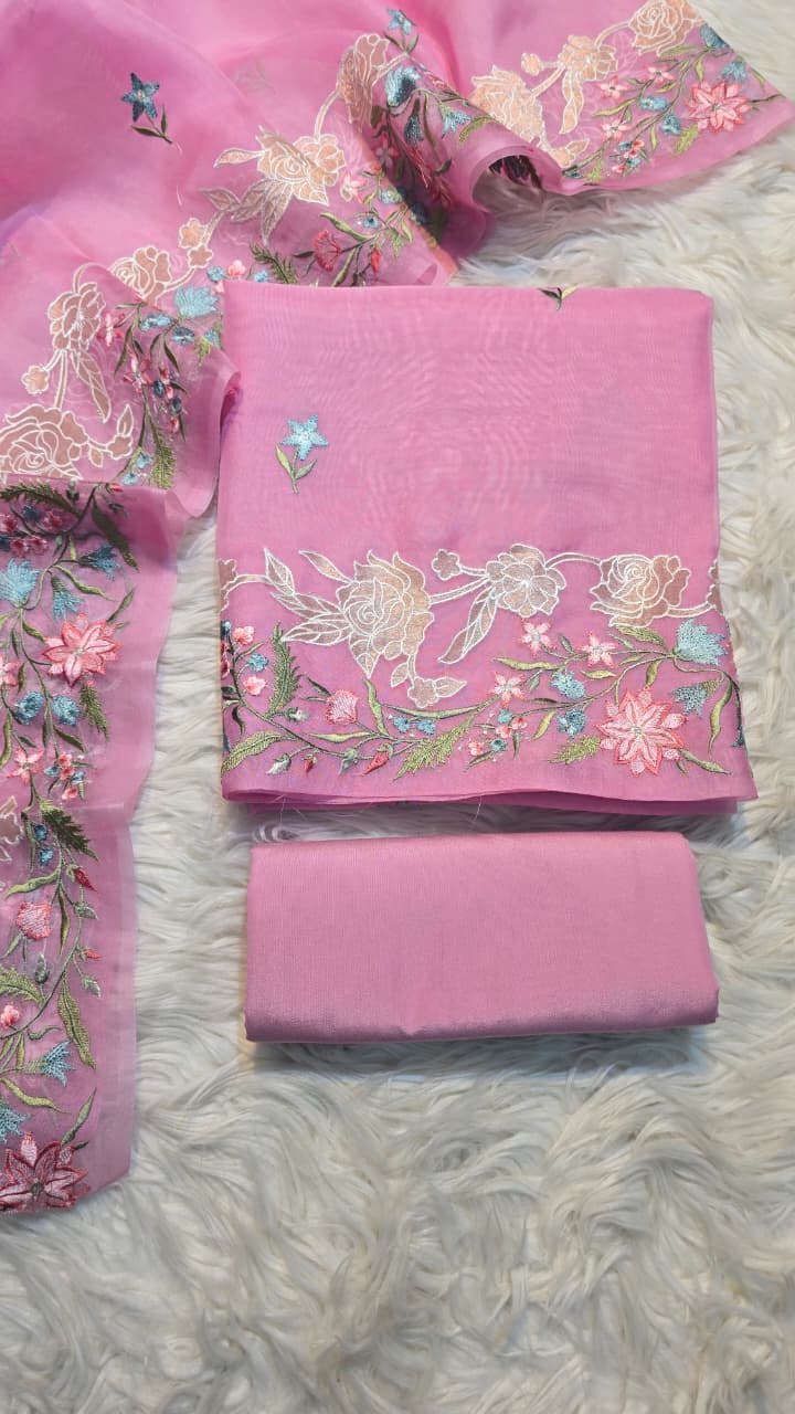 Pure Banarasi Organza Silk Applique Work Unstitched Suit.