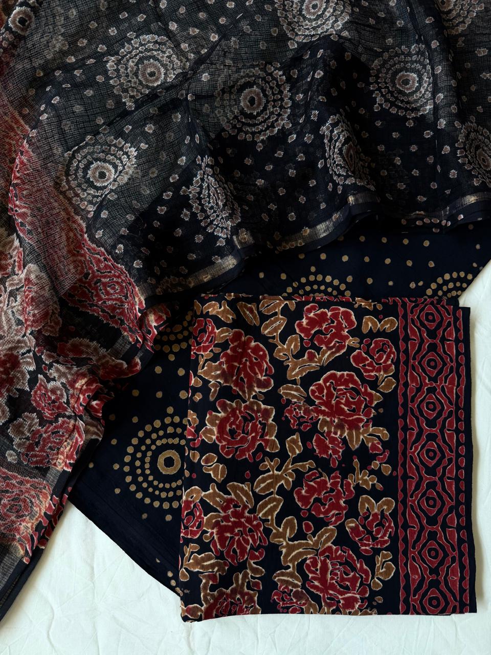 Pure Cotton Hand block print Unstitched Suit with Kota Dupatta