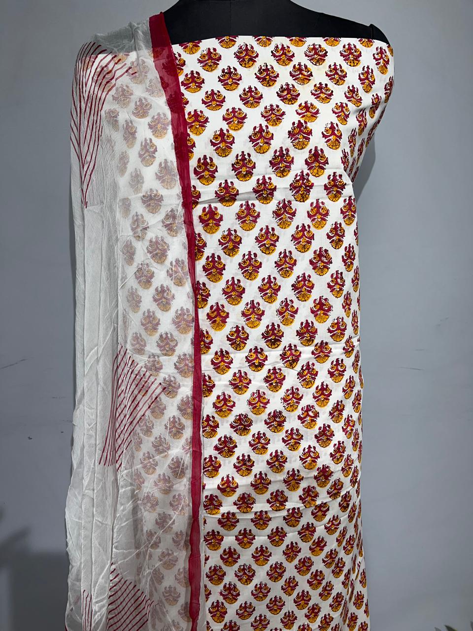 Pure Cotton Hand Block Print Unstitched Suit With Chiffon Dupatta