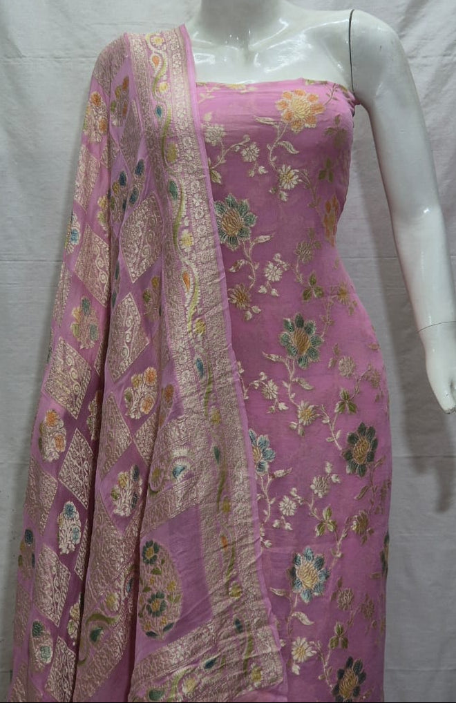 Pure Khaddi Chiffon Unstitched Suit With Water Zari Work.