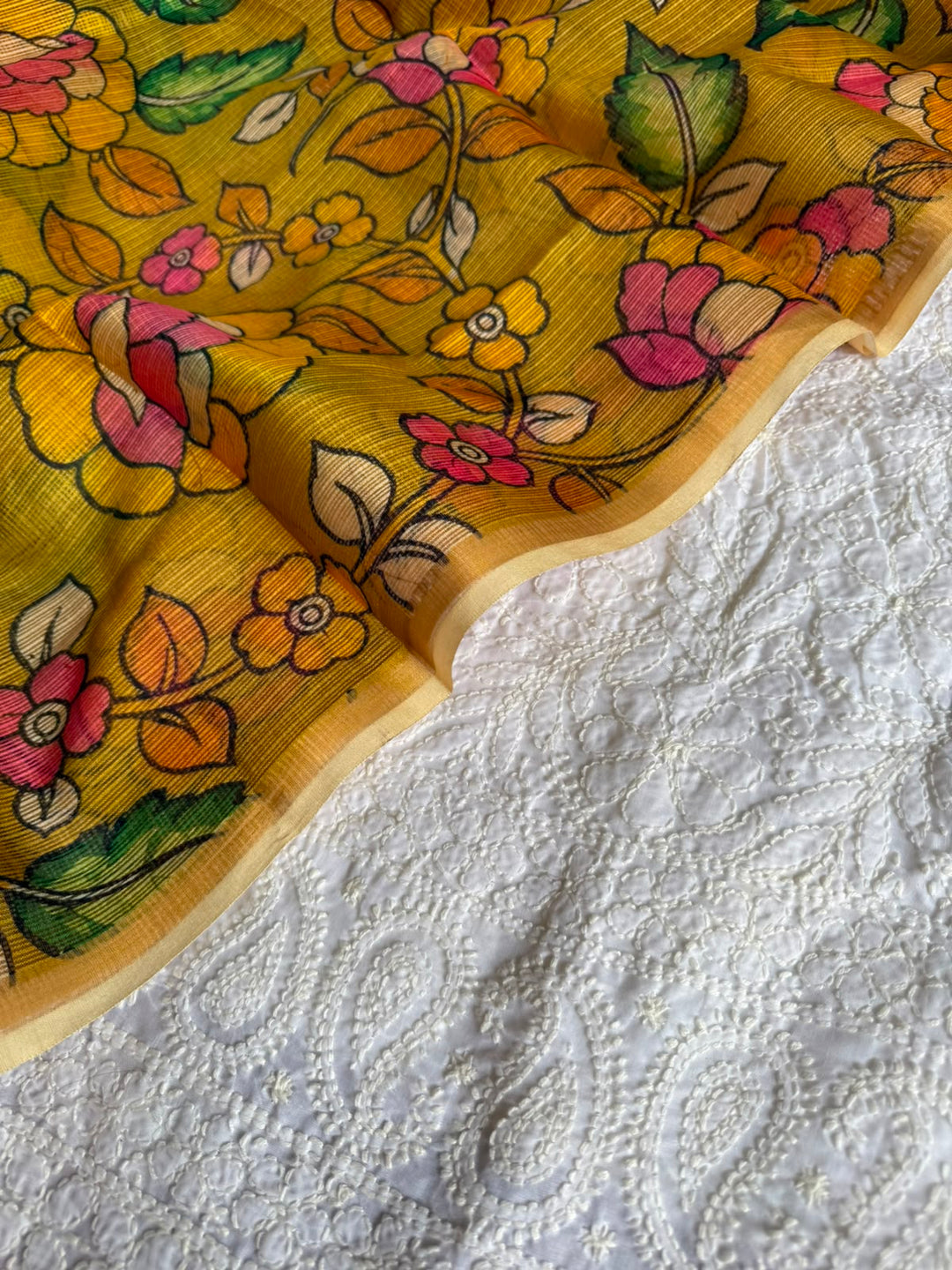 Pure Cotton Chikankari Hand Work Unstitched suit With Kalmkari Kota Doriya Dupatta.(without bottom) (Copy) (Copy)