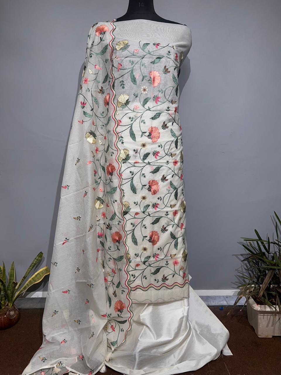 Pure Banarasi Mul Cotton Silk Embroidery Unstitched suit.