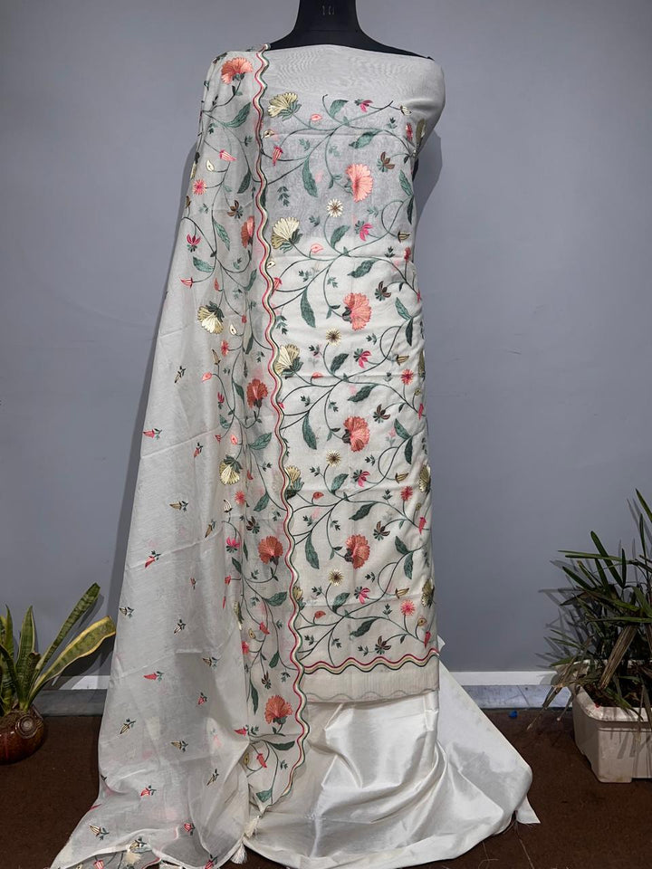 Pure Banarasi Mul Cotton Silk Embroidery Unstitched suit.