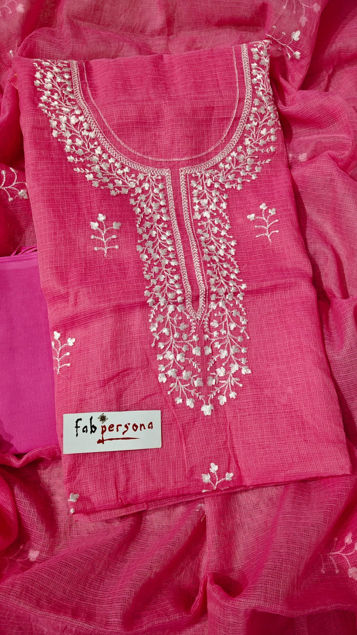 Pure Cotton Kota Doriya Embroidery Unstitched Suit With Dupatta