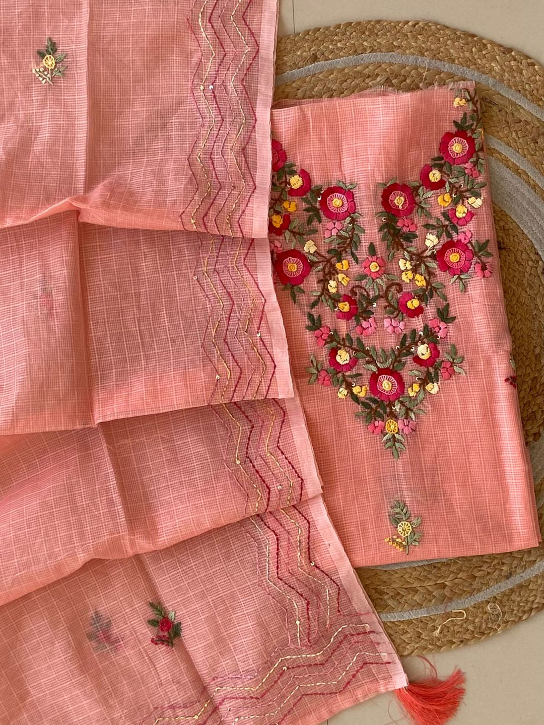 Pure Kota Doriya Silk Kurta And Dupatta With Neck Hand Work Emobroidery Unstitched Suit