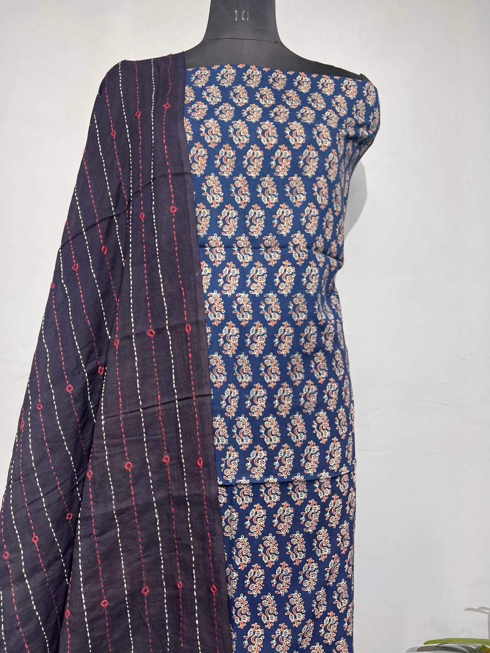 Pure Cotton Azrakh Print Unstitched suit With katha work Dupatta