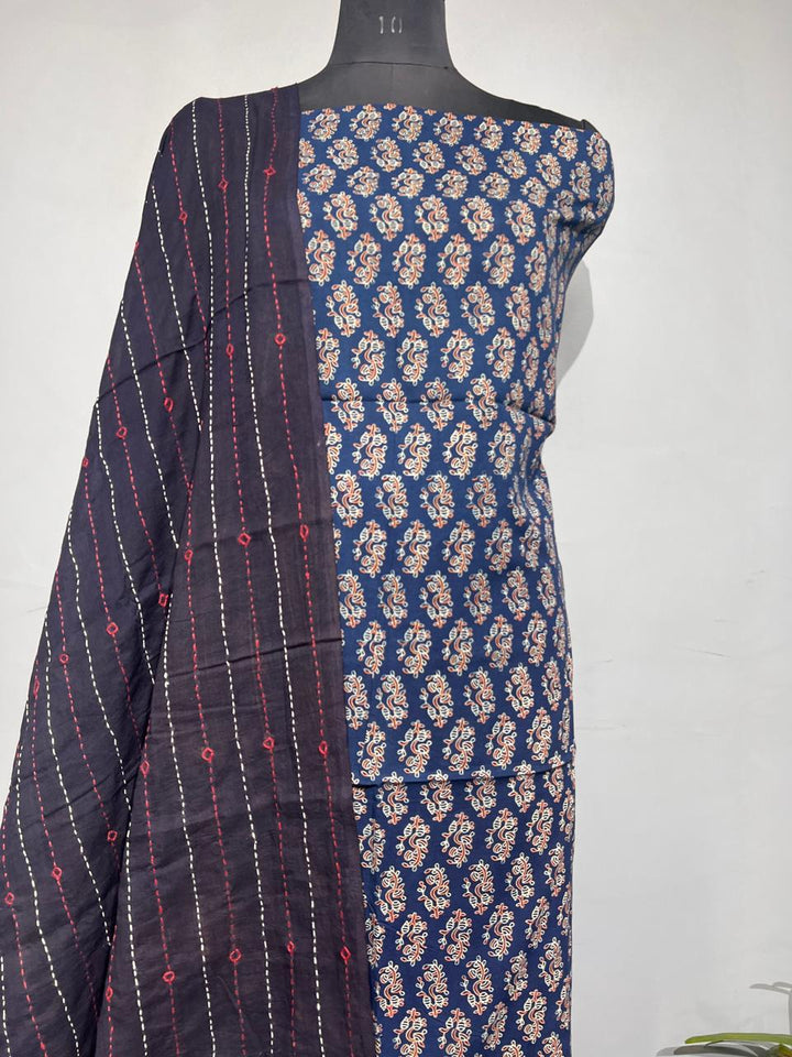 Pure Cotton Azrakh Print Unstitched suit With katha work Dupatta