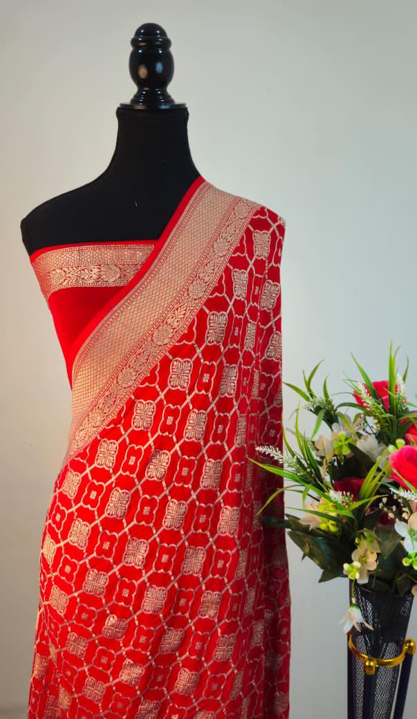 Pure Banarasi Handloom Khaddi Georgette Silk Water Zari Work Saree. | NEW EDITION |