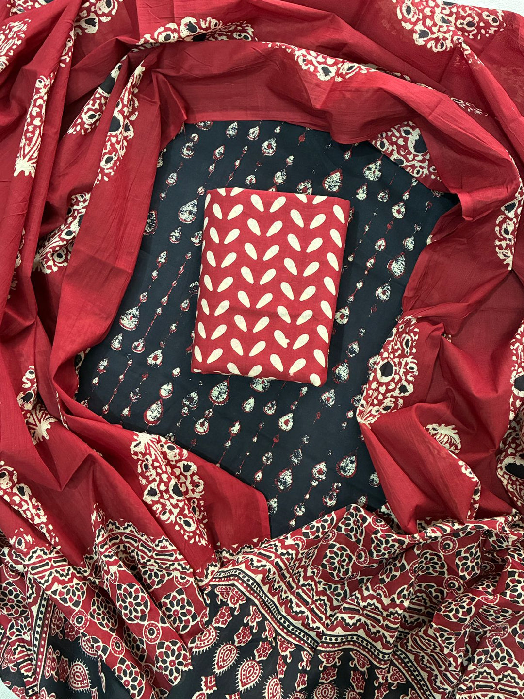 Pure Cotton Hand Block Print Unstitched Suit With Cotton Dupatta