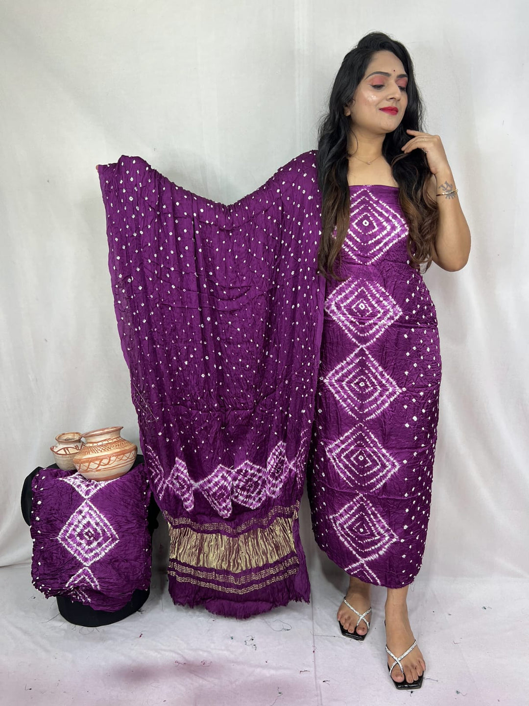 Pure Modal Silk Ajrakh Hend Block Zari Pallu Weaved 3pc Unstitched Suit .