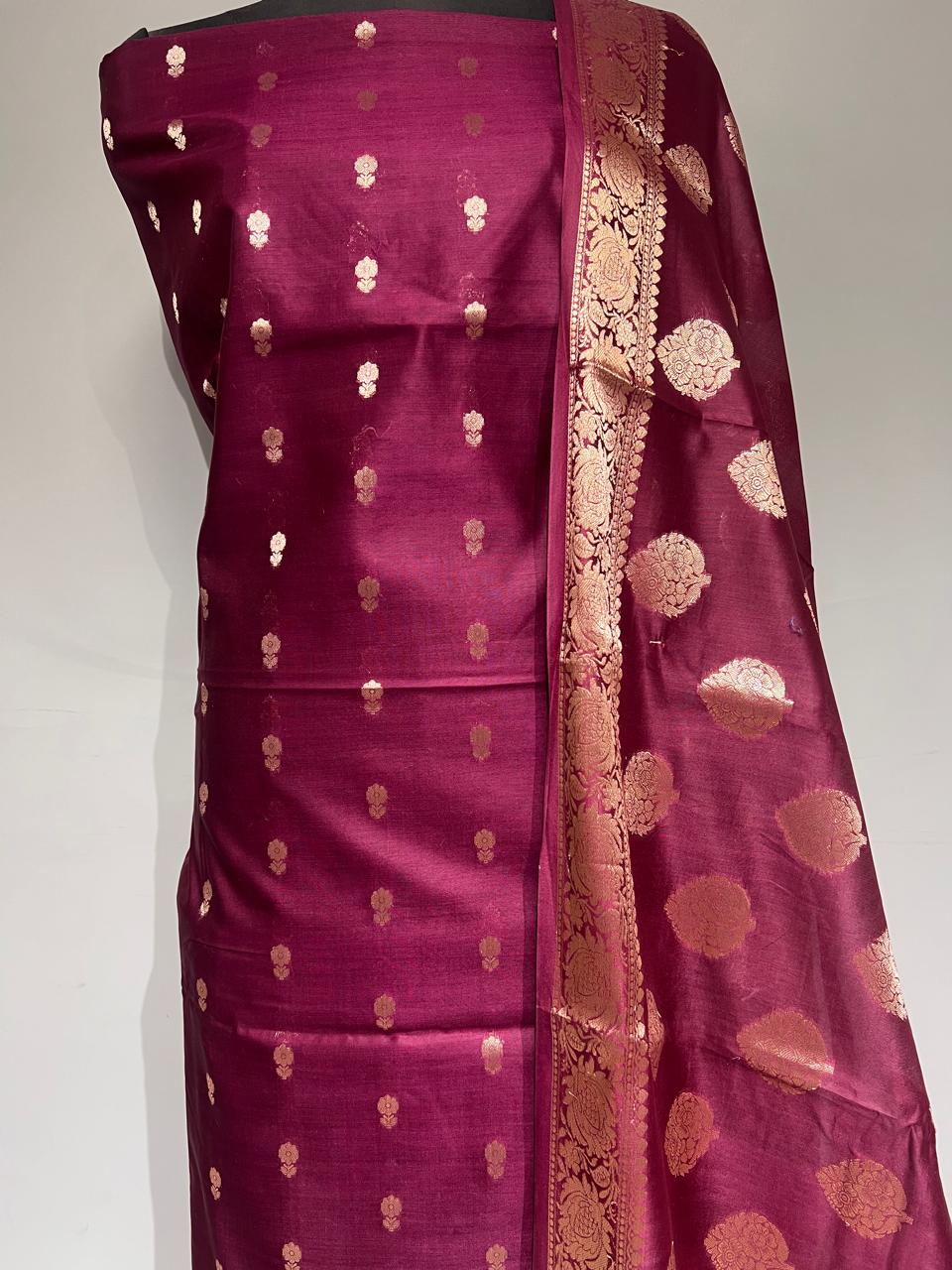 Pure Banarasi Chanderi Silk Buti Unstitched Suit With Chanderi Zari Dupatta