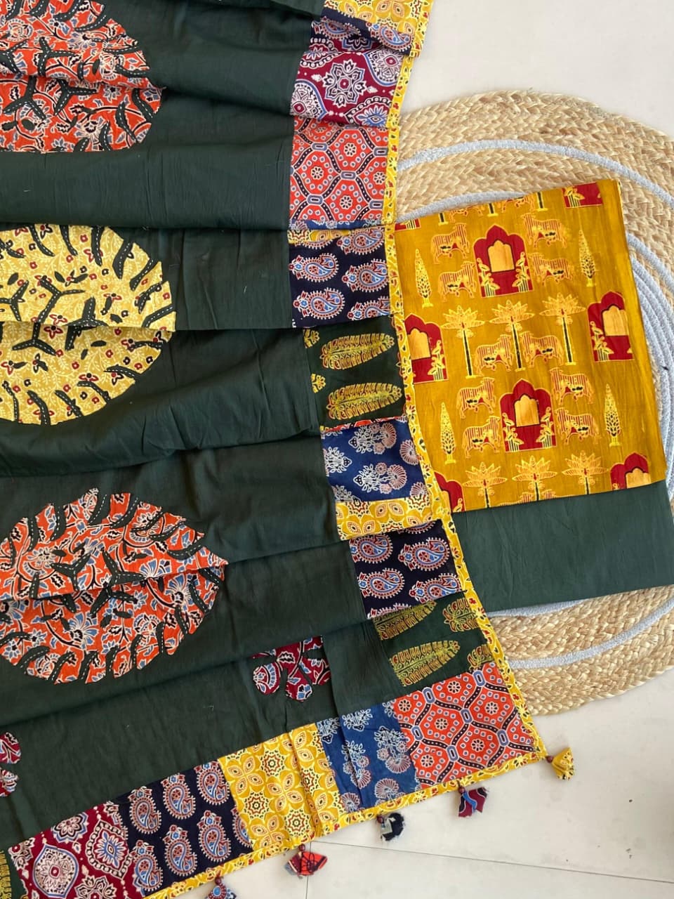 Pure Cotton Azrakh Print Unstitched Suit With Applique Work Dupatta
