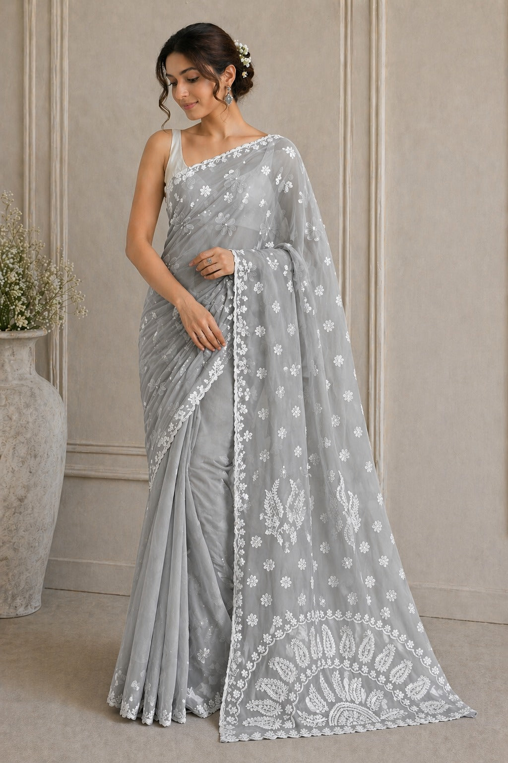 Pure Chiffon Chikankari Half Jaal Work Hand Embroidery Saree with Blouse