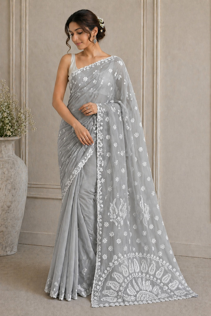 Pure Chiffon Chikankari Half Jaal Work Hand Embroidery Saree with Blouse