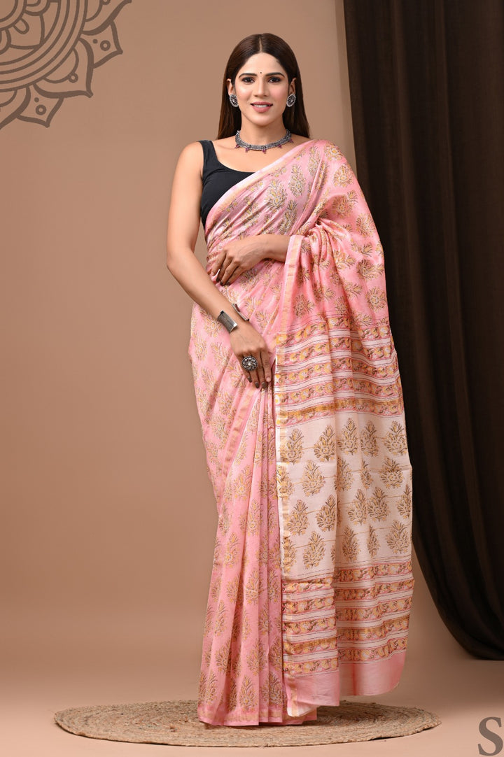 Hand Block Print Pure Chanderi Saree With Blouse