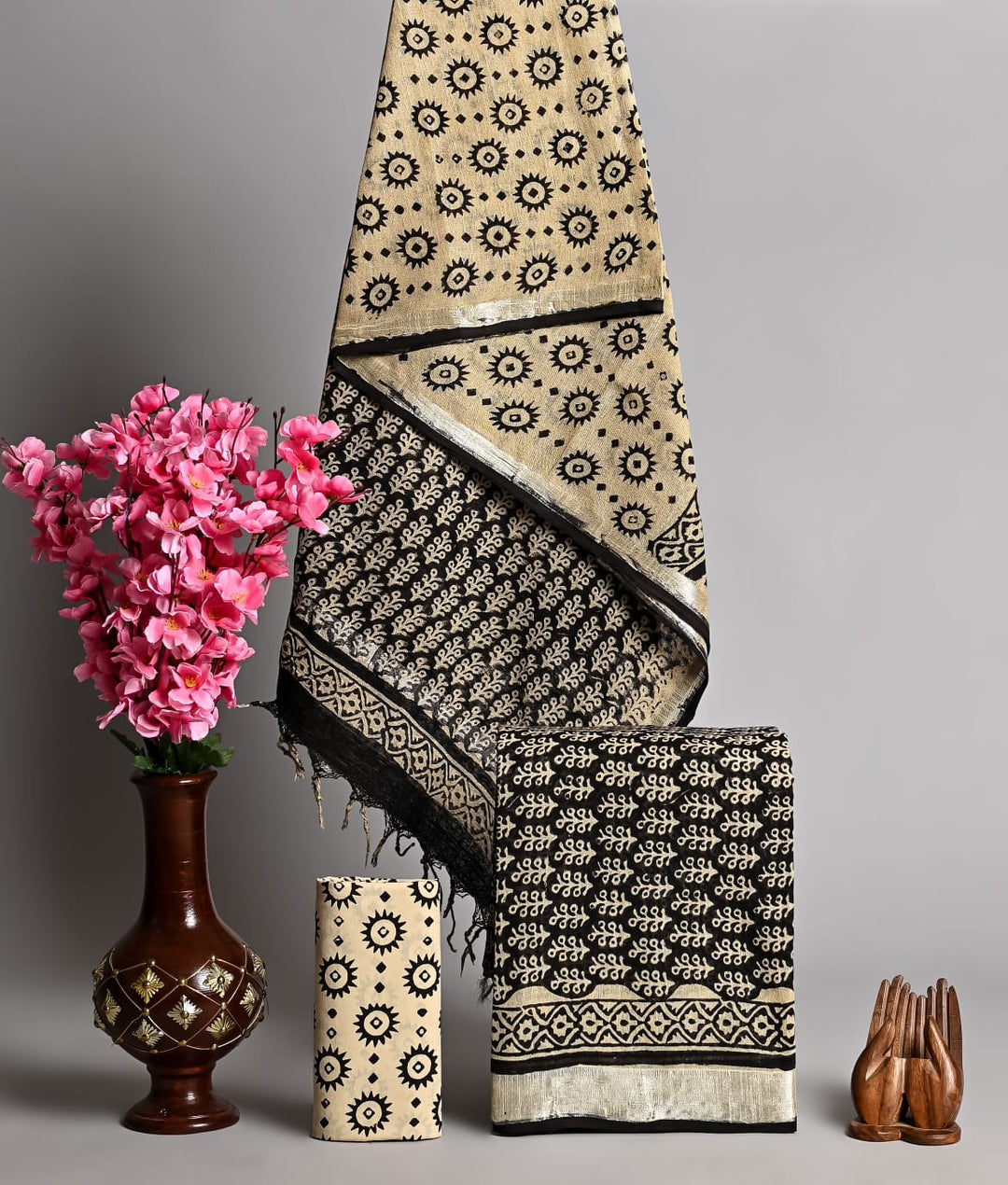 Hand Block Printed Linen Unstitched Suit .