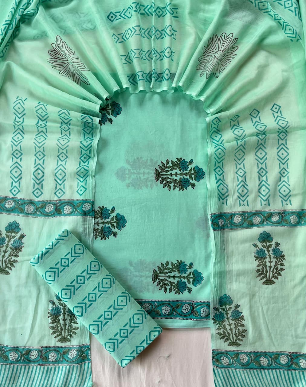 Pure Cotton Hand Block Print Unstitched Suit With Cotton Dupatta