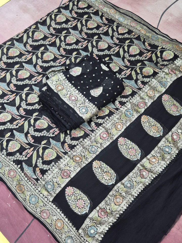 Pure Khhadi Chiffon Georgette Water Zari Work Unstitched Suit With khhadi Georgette Dupatta.