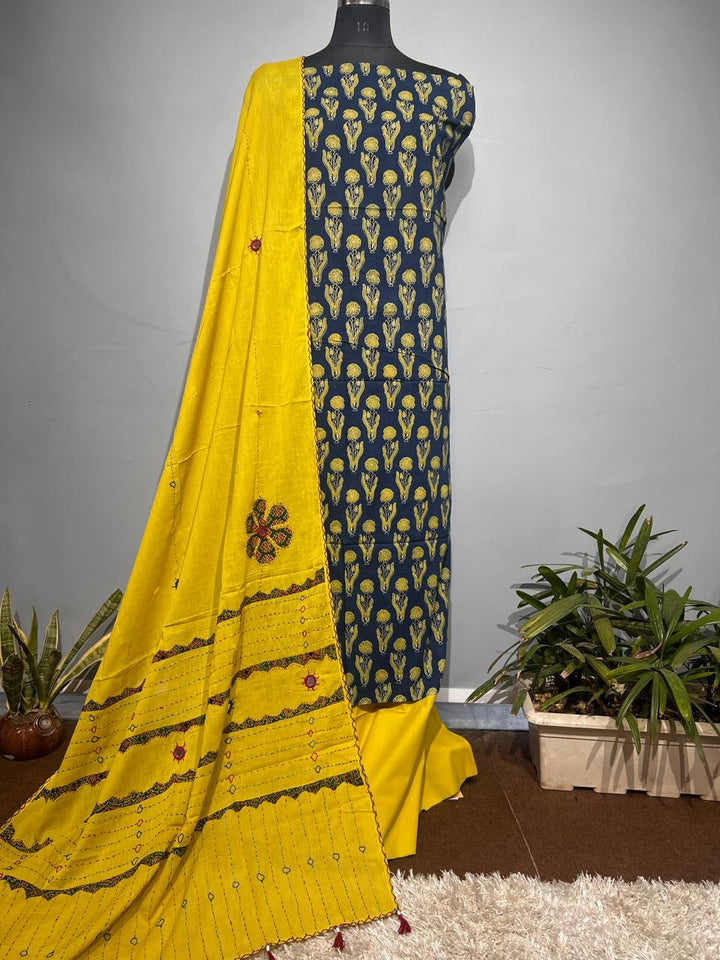 Pure Cotton Azrakh Print Unstitched suit With katha work Dupatta