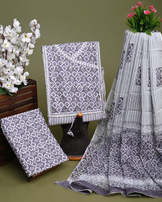 Pure Hand Block Cotton Angrakha Pattern Work Unstitched suit With Cotton Dupatta.