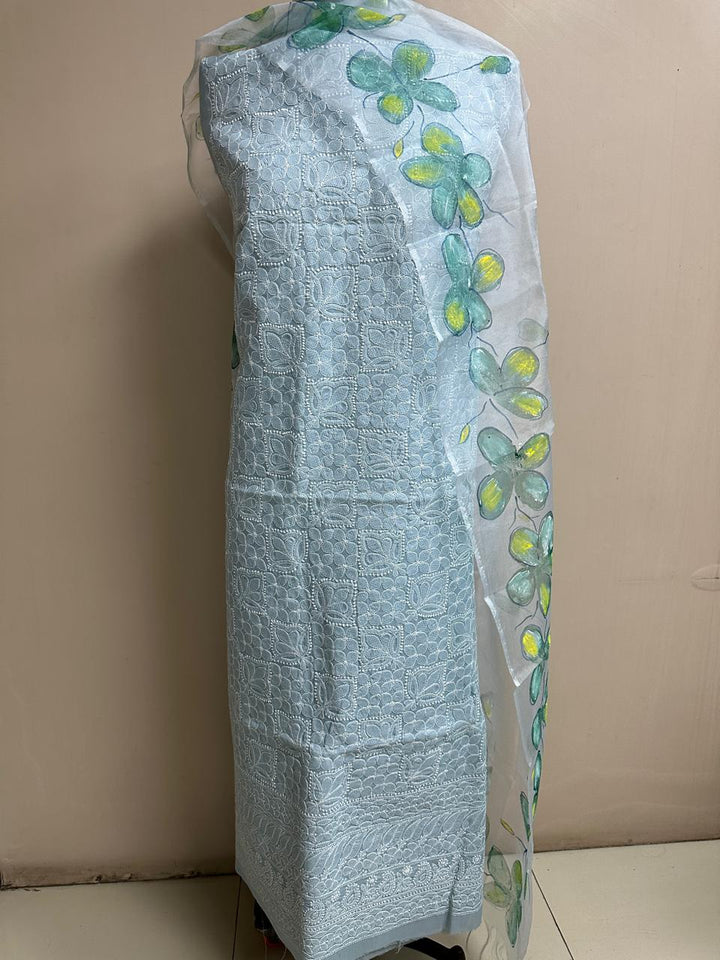 Pure Cotton Chikankari Work Unstitched Suit With Hand Print Kota Doriya Dupatta.