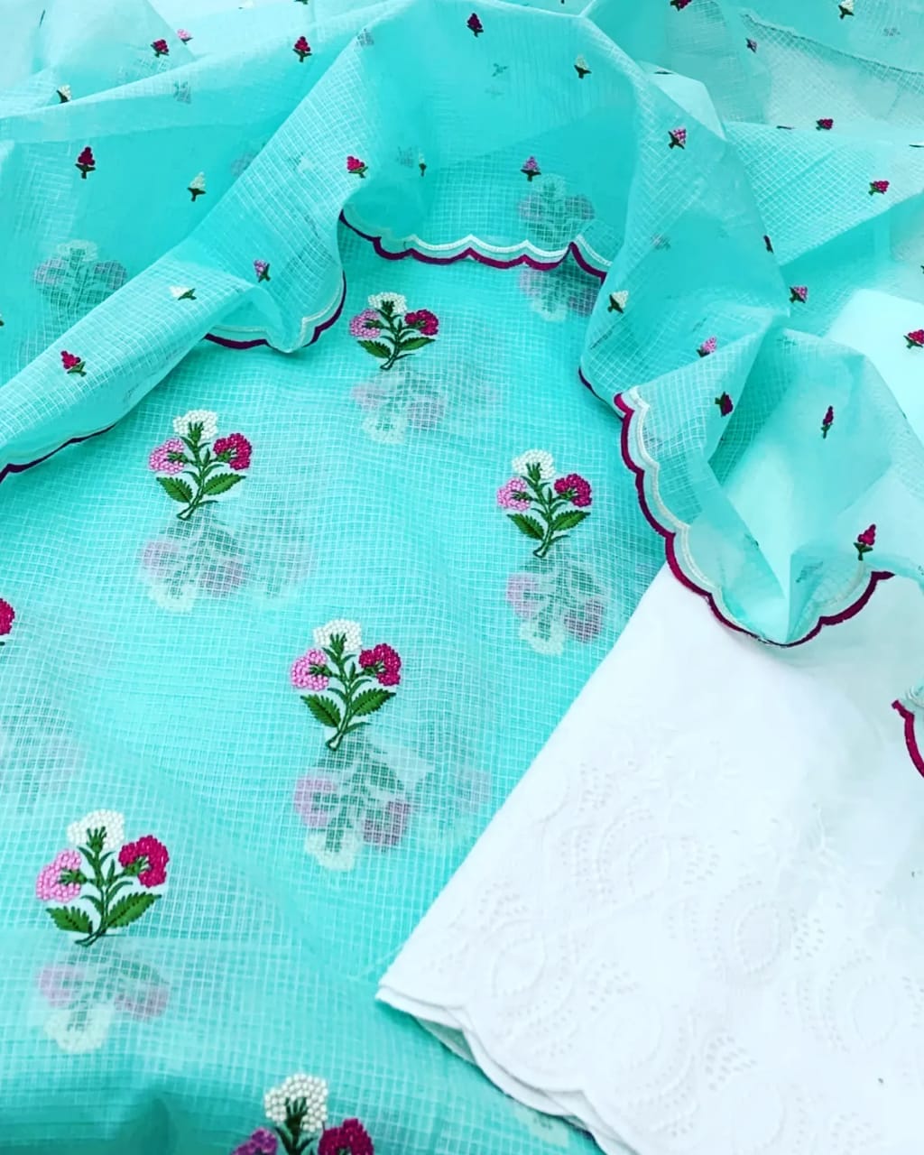 Sea green Kota Doria Salwar Suit with Embroidery work
