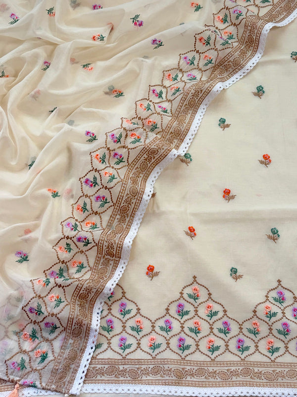 Pure Banarasi Chanderi Silk Embroidery Unstitched Suit With Chanderi Embroidery Dupatta.