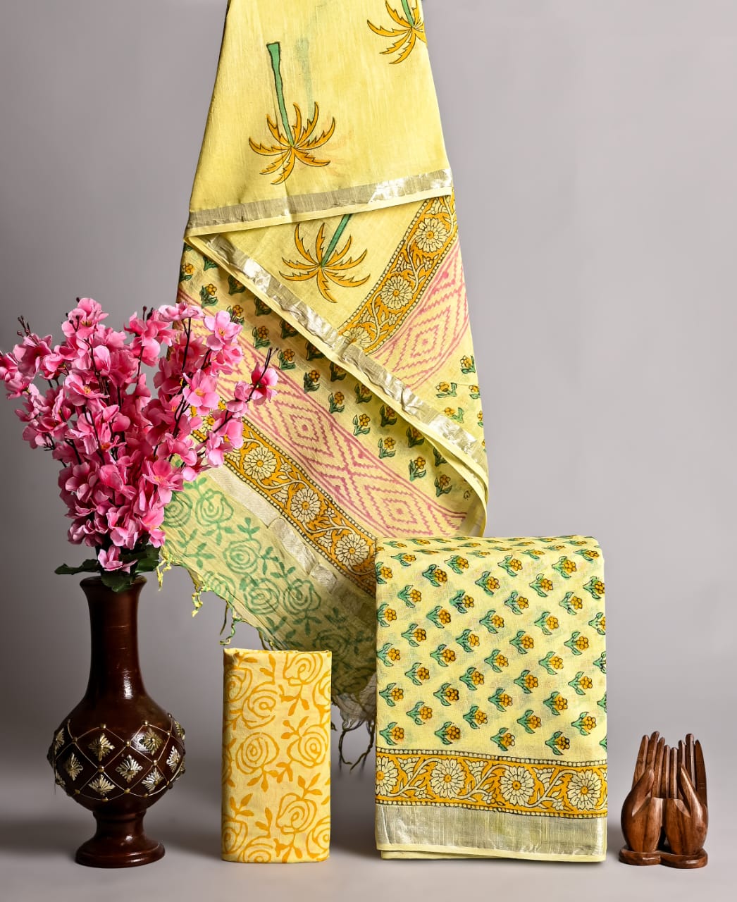 Hand Block Printed Linen Unstitched Suit .