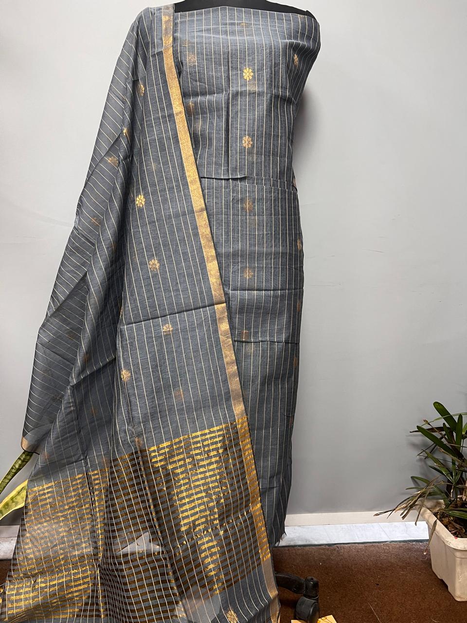 Pure Maheshwari Silk Hand Loom Unstitched Suit.(2pc Set)