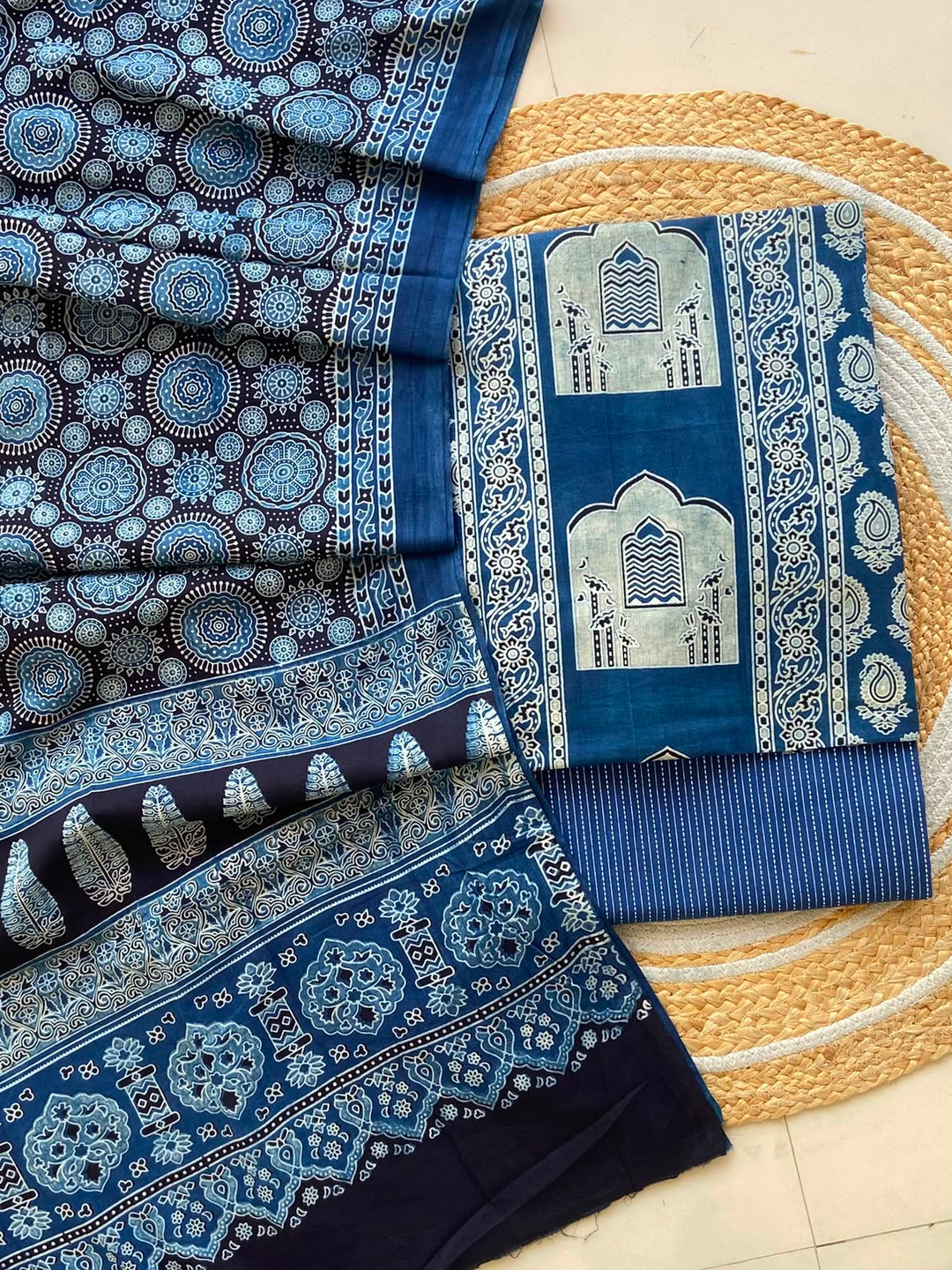 Pure Cotton Azrakh Print Unstitched Suit With  mul cotton  Duppatta