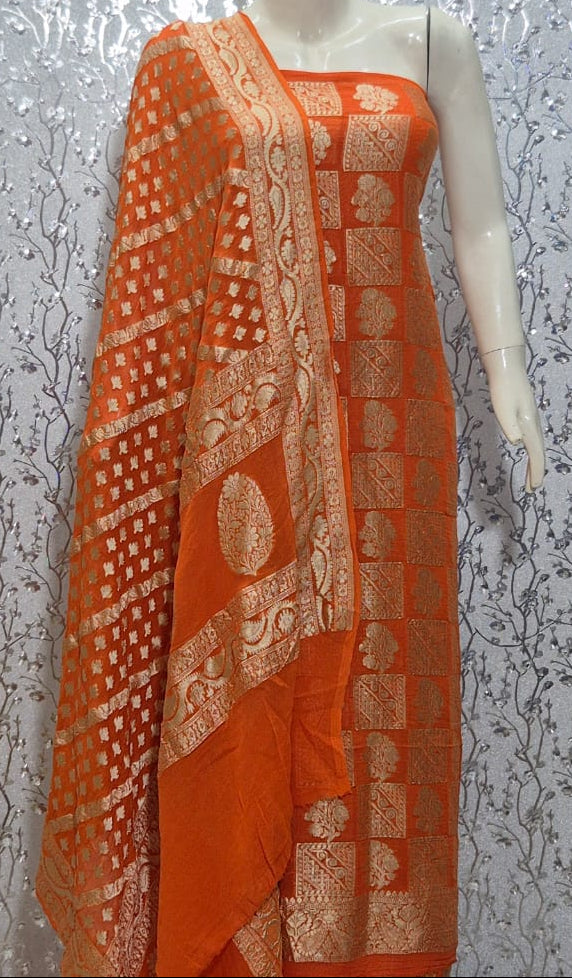 Pure Khaddi Chiffon Unstitched Suit With Zari Work.