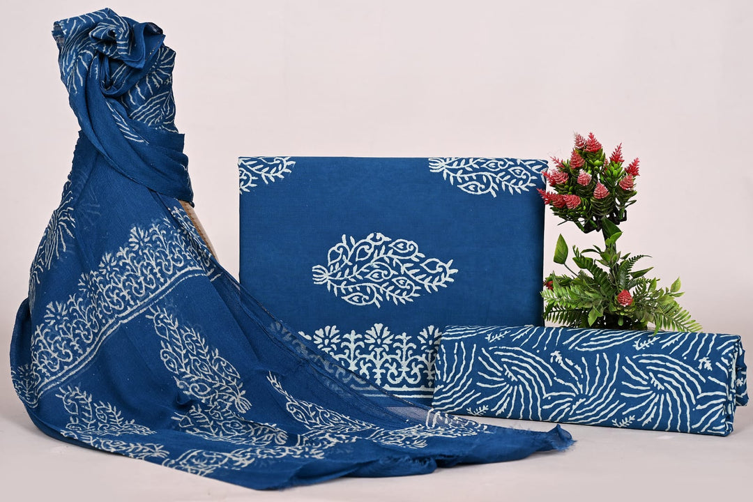 Pure Cotton Hand Block Print Unstitched Suit With Chiffon Dupatta