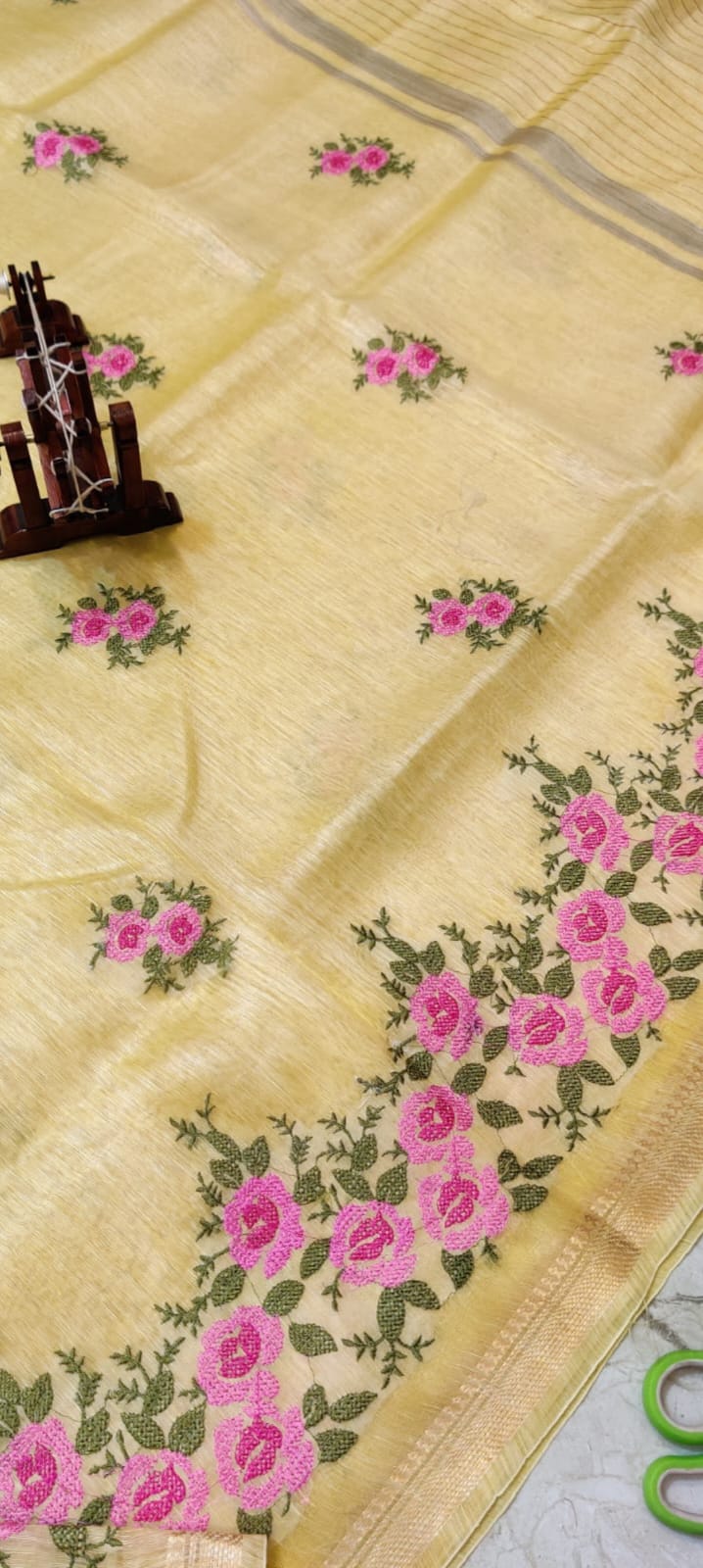 Pure Silk Linen By Linen Saree with Embroidery Work.( length- 6.3 meter )