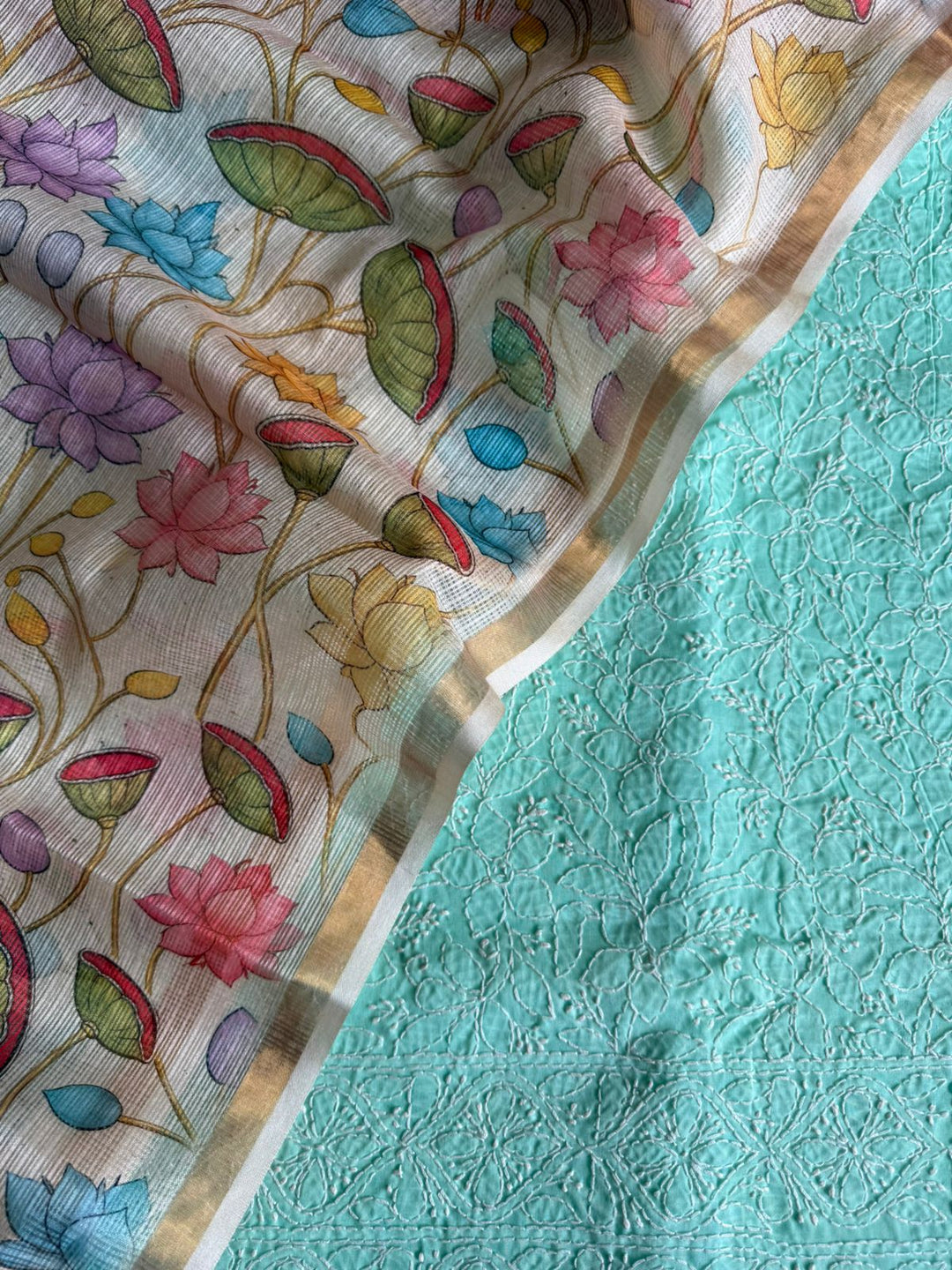 Pure Cotton Chikankari Hand Work Unstitched suit With Kalmkari Kota Doriya Dupatta.(without bottom)