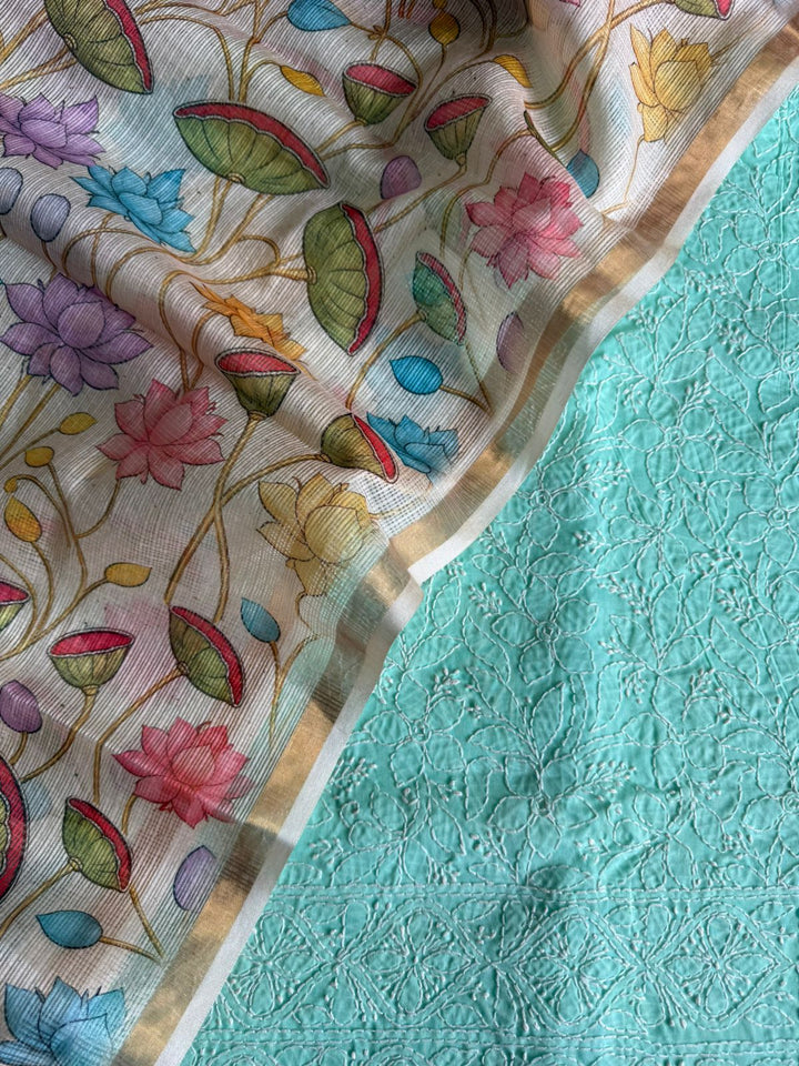 Pure Cotton Chikankari Hand Work Unstitched suit With Kalmkari Kota Doriya Dupatta.(without bottom)